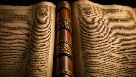 A close-up shot of a historical manuscript, showing the intricate details of its aged pages and the ornate decorations on the binding. The textured surface and golden accents create a sense of antiquity and reverence for the written word.の写真素材