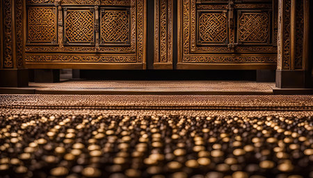 A close-up shot of a beautifully carved wooden doorway with intricate designs. The doorway is set against a backdrop of a golden floor, creating a striking contrast of textures and colors.の写真素材