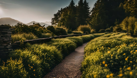 A winding path through a lush garden, bathed in the warm glow of the setting sun. The path leads the eye towards the distant hills.の写真素材