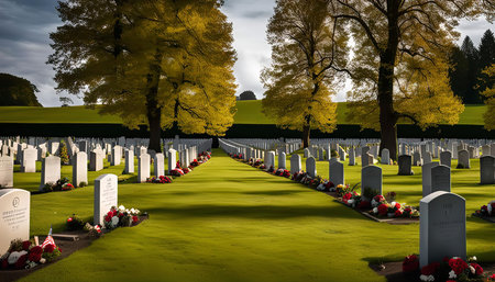 Rows of white headstones line a grassy path in a cemetery. Flowers mark the graves, and the light of the sun shines through the trees.の写真素材
