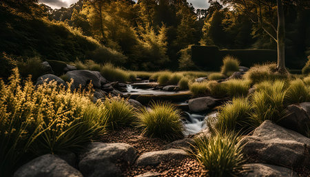 A tranquil stream meanders through a lush landscape, its waters flowing gently over smooth rocks. The scene is bathed in warm sunlight, casting long shadows and highlighting the vibrant greens of the surrounding foliage.の写真素材