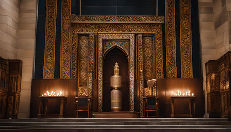 A detailed look at the interior of a synagogue, showing intricately gold and wood carvings, candles, and ornate design elements. The synagogue's architecture and decorations are a testament to its religious significance and cultural heritage.の写真素材