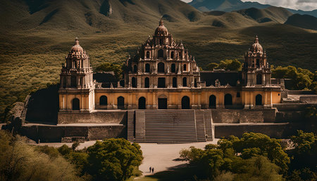 A majestic temple stands tall amidst a backdrop of rolling hills. The ancient stone structure showcases intricate carvings and a grand staircase leading up to its entrance.の写真素材
