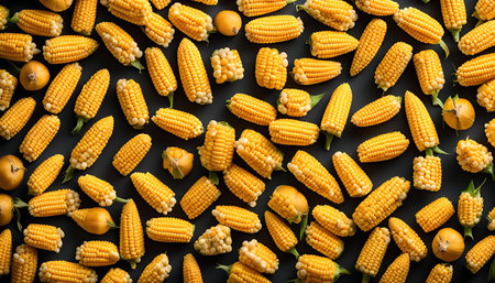 Close-up image of a pattern of corn cobs on a dark background.の写真素材