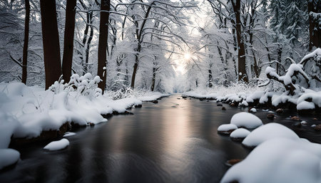 A picturesque river flowing through a snowy forest, the sun peeks through the trees, casting a warm glow on the white snow.の写真素材