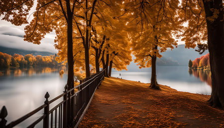 A serene autumn scene with golden trees and leaves reflected in a tranquil lake.の写真素材
