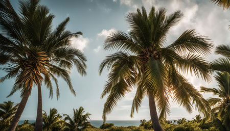 A beautiful view of lush palm trees on a sunny day in a tropical paradise.の写真素材