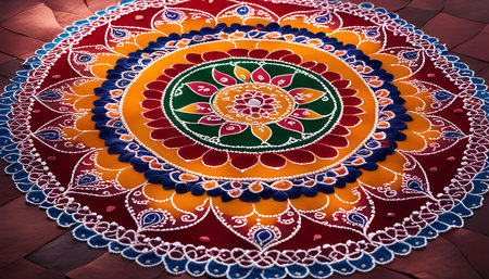 A colorful and intricate rangoli design created on the floor, showcasing the beauty and traditions...