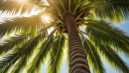 Looking up at a palm tree with sunlight shining through the leavesの写真素材