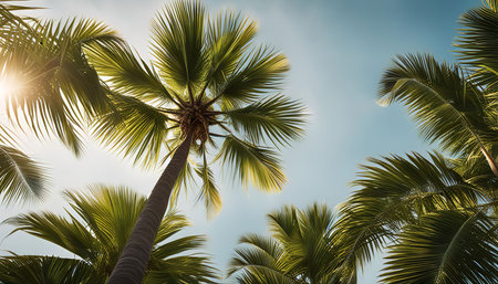 A beautiful view of palm trees reaching for the sun, showing the beauty of a tropical paradise.の写真素材