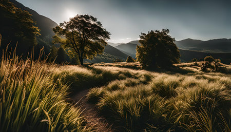 A scenic meadow with lush green grass, illuminated by the sun. The backdrop features majestic mountains and a blue sky, creating a tranquil and peaceful atmosphere.の写真素材