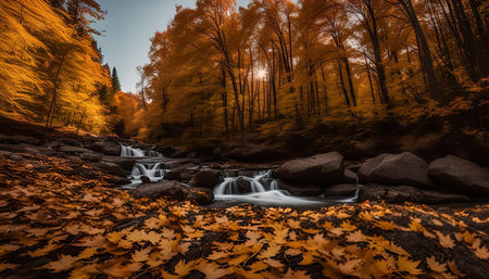 A serene creek flows through a vibrant autumn forest, showing the beauty of nature in its golden hues.の写真素材