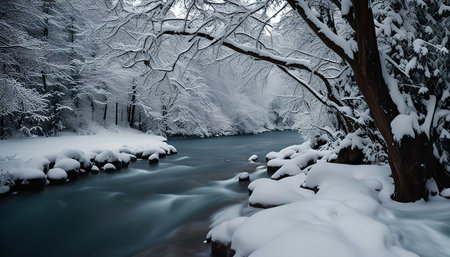 A serene winter river flows through a snow-covered forest. The branches of trees are covered in frost, and the water is a deep blue color.の写真素材