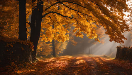 A path through a golden autumn forest, bathed in warm sunlight.の写真素材
