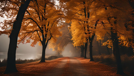 A winding path through a misty forest, surrounded by golden autumn leaves, creating a picturesque and tranquil scene.の写真素材