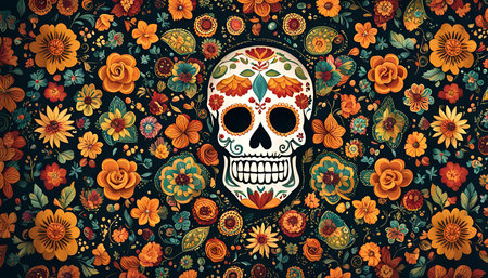 A colorful sugar skull with intricately floral designs on a black background with floral patternの写真素材