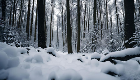 A snow-covered forest path leading into the depths of a winter wonderland.の写真素材
