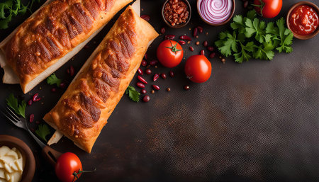 Top view of baked bread rolls, red beans, spicy chili flakes, tomatoes, parsley, red onion, and sauce on a rustic table. This is a delicious and healthy meal.の写真素材