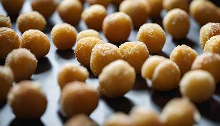 A close-up shot of small golden brown round donuts, scattered on a dark surface, showing their texture and deliciousness.の写真素材