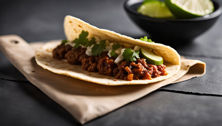 A close-up view of a delicious taco filled with ground beef, cilantro, and lime. The taco is resting on a piece of parchment paper and a wooden cutting board.の写真素材