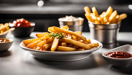 A plate of golden French fries garnished with rosemary and served with ketchup, a classic and delicious comfort food.の写真素材