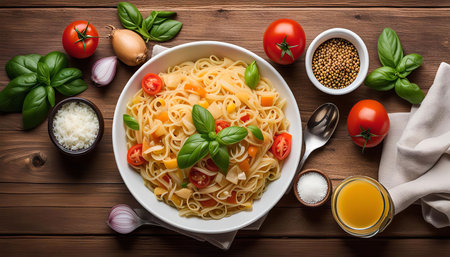 A delicious pasta dish with vegetables like tomatoes and basil, served on a wooden table.の写真素材