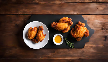 Close-up shot of fried chicken served on a wooden table with dipping sauce, a classic dish enjoyed worldwide.の写真素材