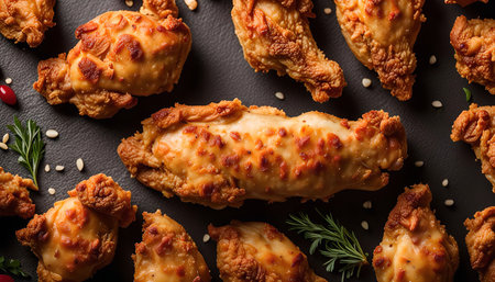 Close up of fried chicken bites on a black plate. The chicken pieces are golden brown and crispy. They are arranged in a circle around the center of the plate.の写真素材