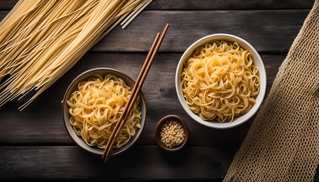 A top view of a bowl of noodles on a wooden background with chopsticks and a bowl of seeds on the side.の写真素材