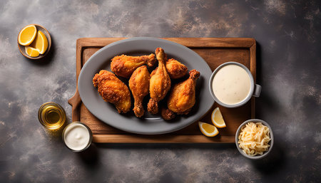 A close-up view of a plate of crispy fried chicken drumsticks, served with creamy sauce and lemon slices.の写真素材