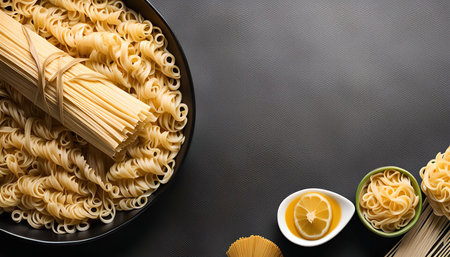 Close up on a variety of dry pasta, uncooked with a lemon slice on a gray background.