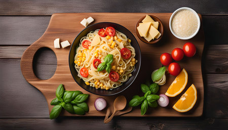 A delicious pasta salad with tomatoes, corn, cheese, basil, and orange slices on a wooden cutting board. It looks fresh and healthy, making it perfect for a light summer lunch or dinner.の写真素材