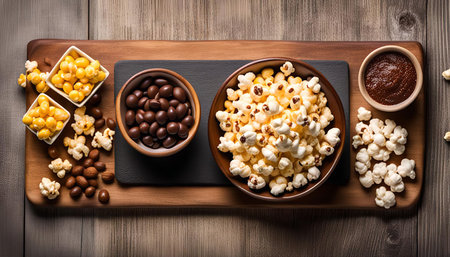A table top still life photo of popcorn, chocolate candy and a dipping sauce in a bowl.