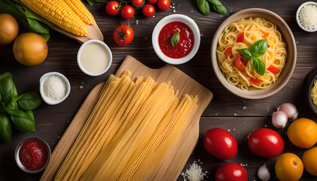 A close-up shot of a wooden table with various ingredients for preparing a pasta dish. The ingredients include spaghetti, tomatoes, basil, garlic, cheese, corn, and sauce.の写真素材