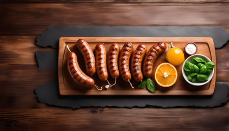 Close up of grilled sausages on wooden cutting board with lemon, basil and a bowl of sauce.の写真素材