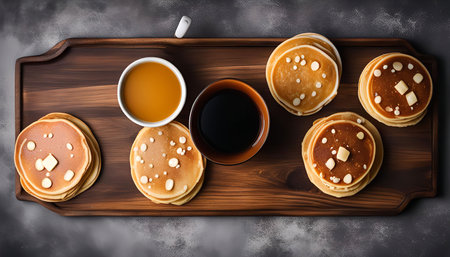 Close-up shot of a delicious stack of pancakes on a wooden tray with a cup of coffee and juice. Perfect for a cozy breakfast or brunch.の写真素材