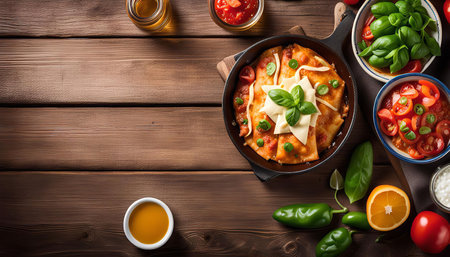 A close-up of a delicious Mexican enchiladas dish on a wooden table. The enchiladas are topped with cheese, tomato sauce, and basil and surrounded by other ingredients like peppers, limes, and oranges.の写真素材