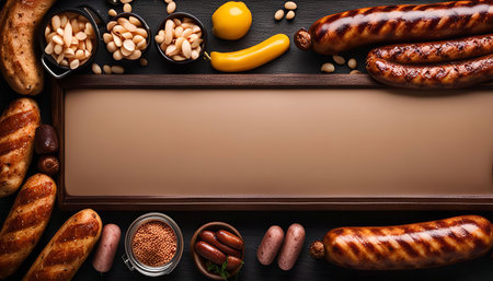 A close-up image of grilled sausages and beans arranged on a wooden board. The sausages are laid out with a grilled pattern, and there are a few white beans scattered around.の写真素材