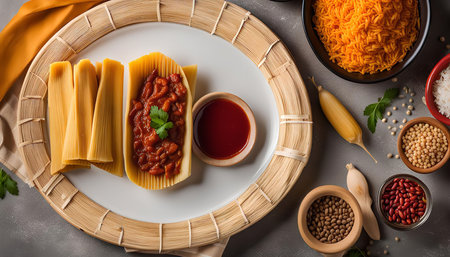 A traditional Latin American dish, featuring tamales with chili sauce, beans, and rice.の写真素材