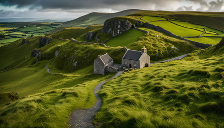 A stone church sits on a lush green hillside overlooking a valley, with a winding path leading up to it.の写真素材