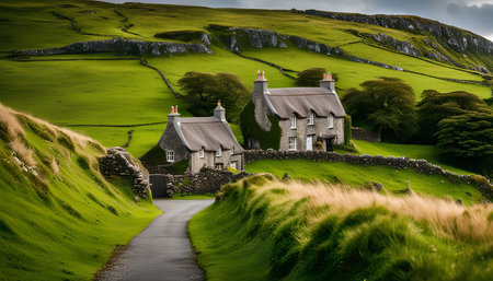 A stone cottage sits nestled in a lush green valley, surrounded by rolling hills and lush foliage.の写真素材