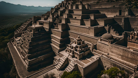 An aerial view of the ancient Mayan ruins in Mexico. The ruins are made of stone and are covered in vegetation. They are a popular tourist destination and offer a glimpse into the rich history of the Mayan civilization.の写真素材