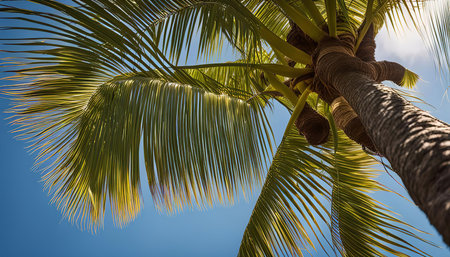 A single palm tree stands tall against a bright blue summer sky, its leaves reaching upwards. The vibrant green foliage contrasts with the clear sky, creating a serene and idyllic scene.の写真素材