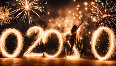 A woman celebrates the New Year with fireworks and sparklers, creating a magical and festive atmosphere.の写真素材
