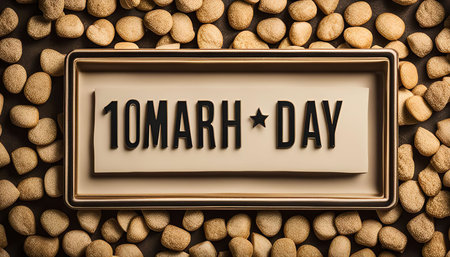 A golden frame with the inscription 10 March Day surrounded by stones on a dark background. This signifies a special occasion, possibly a holiday or birthday.の写真素材