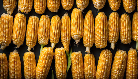A close-up shot showing a pattern of fresh corn cobs, arranged in rows, highlighting their golden color and kernels.の写真素材