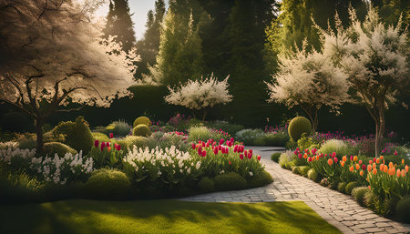 A picturesque garden path meanders through a vibrant array of blooming flowers and lush greenery, bathed in the warm glow of springtime sunlight.の写真素材