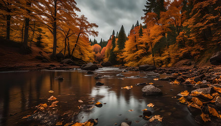 A scenic view of a river flowing through an autumn forest with vibrant golden leaves and a calm atmosphereの写真素材