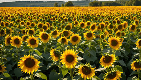 A field of sunflowers in full bloom, bathed in golden sunlight. The vibrant yellow petals and the lush green leaves create a breathtaking scene of nature's beauty.の写真素材