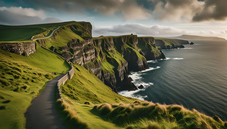 A scenic view of the Cliffs of Moher in Ireland, showcasing the dramatic coastal landscape, with a winding path leading towards the edge of the cliffs.の写真素材